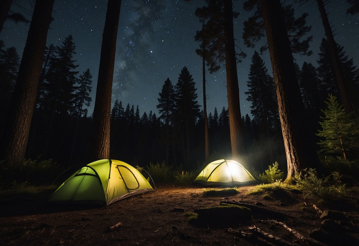 A dark forest clearing with a glowing BioLite HeadLamp 750 illuminating camping gear, surrounded by trees and a starry night sky