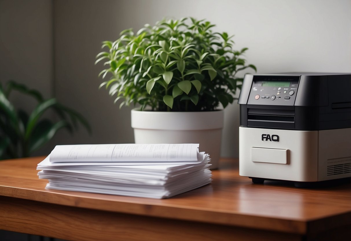 A stack of FAQ papers sits on a wooden table next to a computer and a potted plant