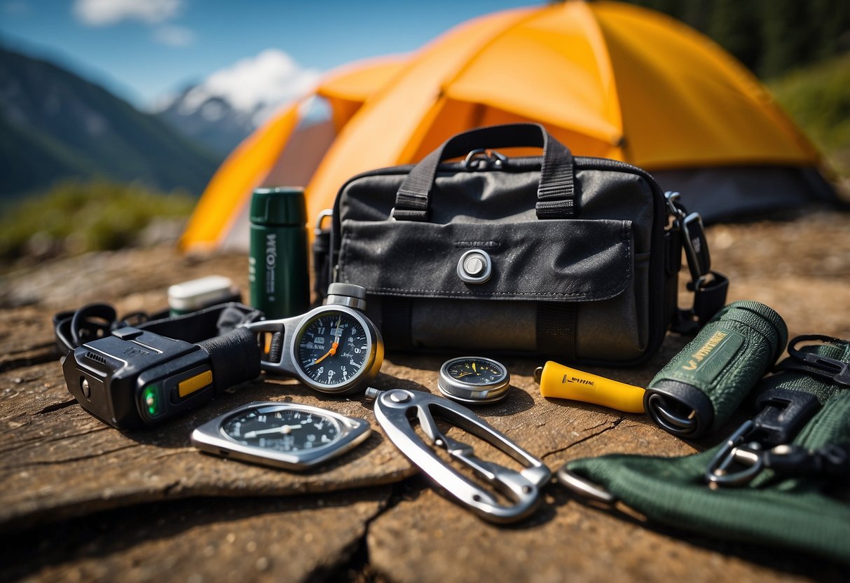 A Leatherman Wave+ multitool lies next to a camping tent, surrounded by a compass, flashlight, first aid kit, and other essential items