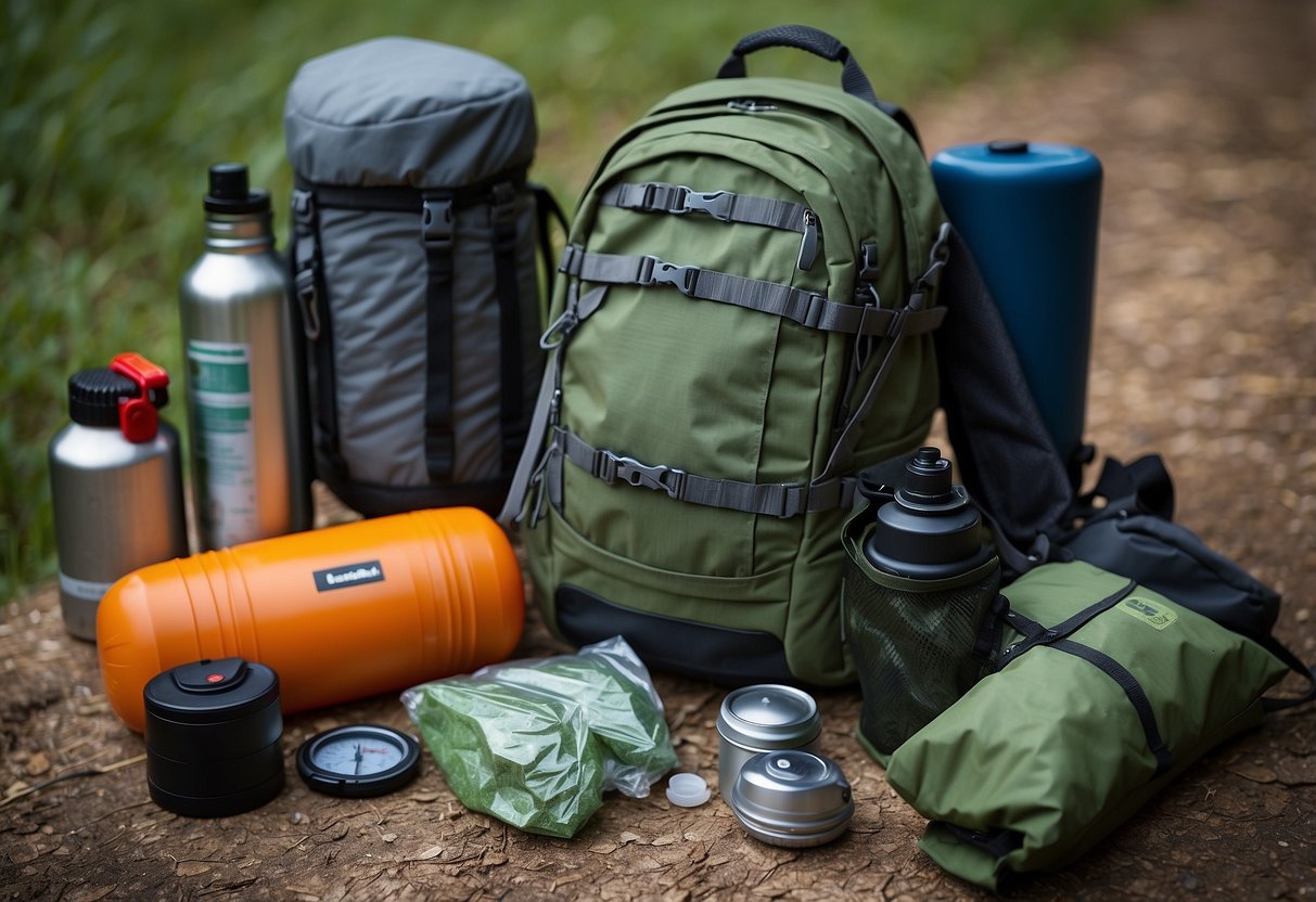 A backpack with a flashlight, first aid kit, map, water bottle, and compass. A tent, sleeping bag, and camping stove. A multi-tool and insect repellent