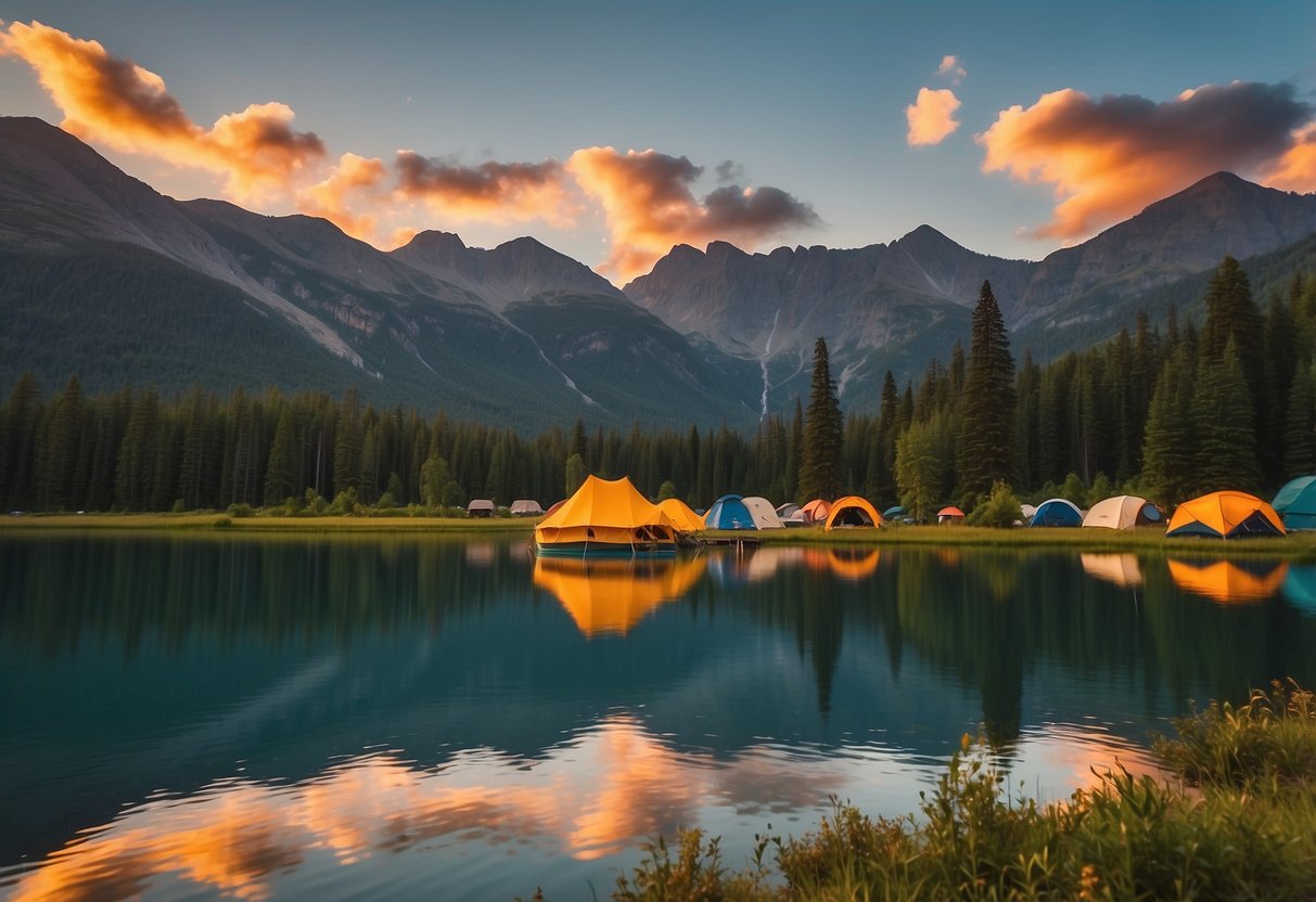 A vibrant sunset over a serene lake, surrounded by towering mountains and lush forests, with several tents pitched along the water's edge