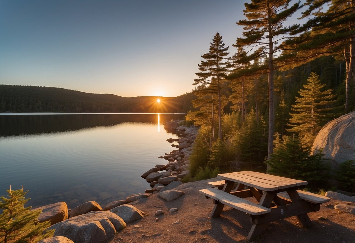 Sunset over calm lake, surrounded by lush forest and rocky cliffs. Campsites nestled among trees, with fire pits and picnic tables. Acadia National Park, Maine