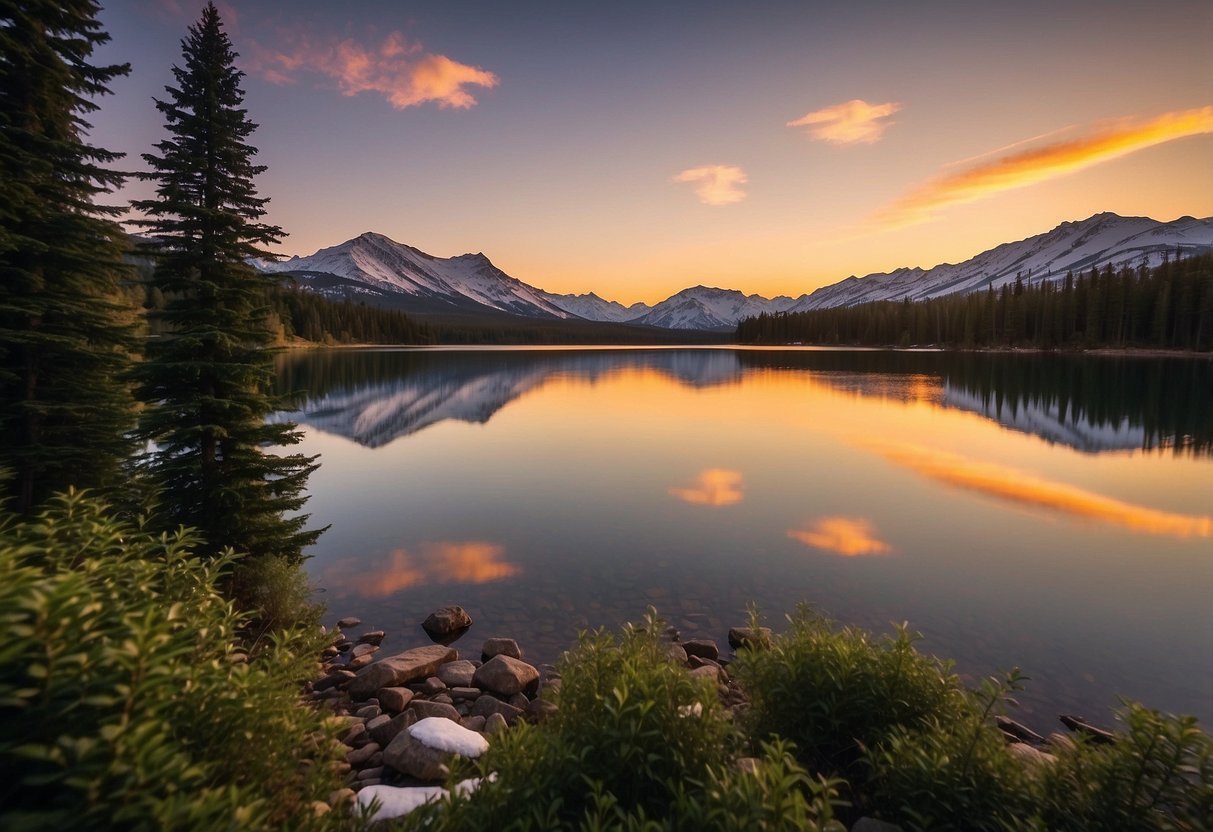 Sunset over Wonder Lake, with snow-capped peaks in the distance. A serene campsite nestled among lush greenery, with a clear view of the tranquil, reflective waters