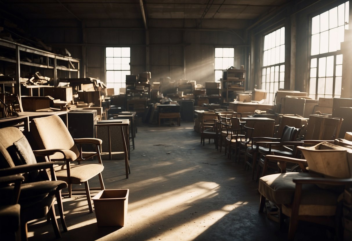 A cluttered warehouse filled with worn, mismatched furniture. Dusty shelves hold old chairs, tables, and cabinets. Sunlight streams through dirty windows, casting shadows on the forgotten items