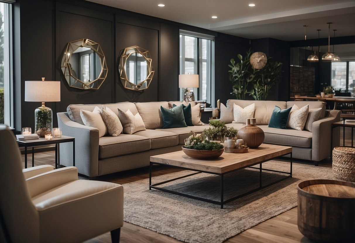 A spacious, modern furniture store with sleek displays and cozy living room setups. Bright lighting and clean lines create a welcoming atmosphere