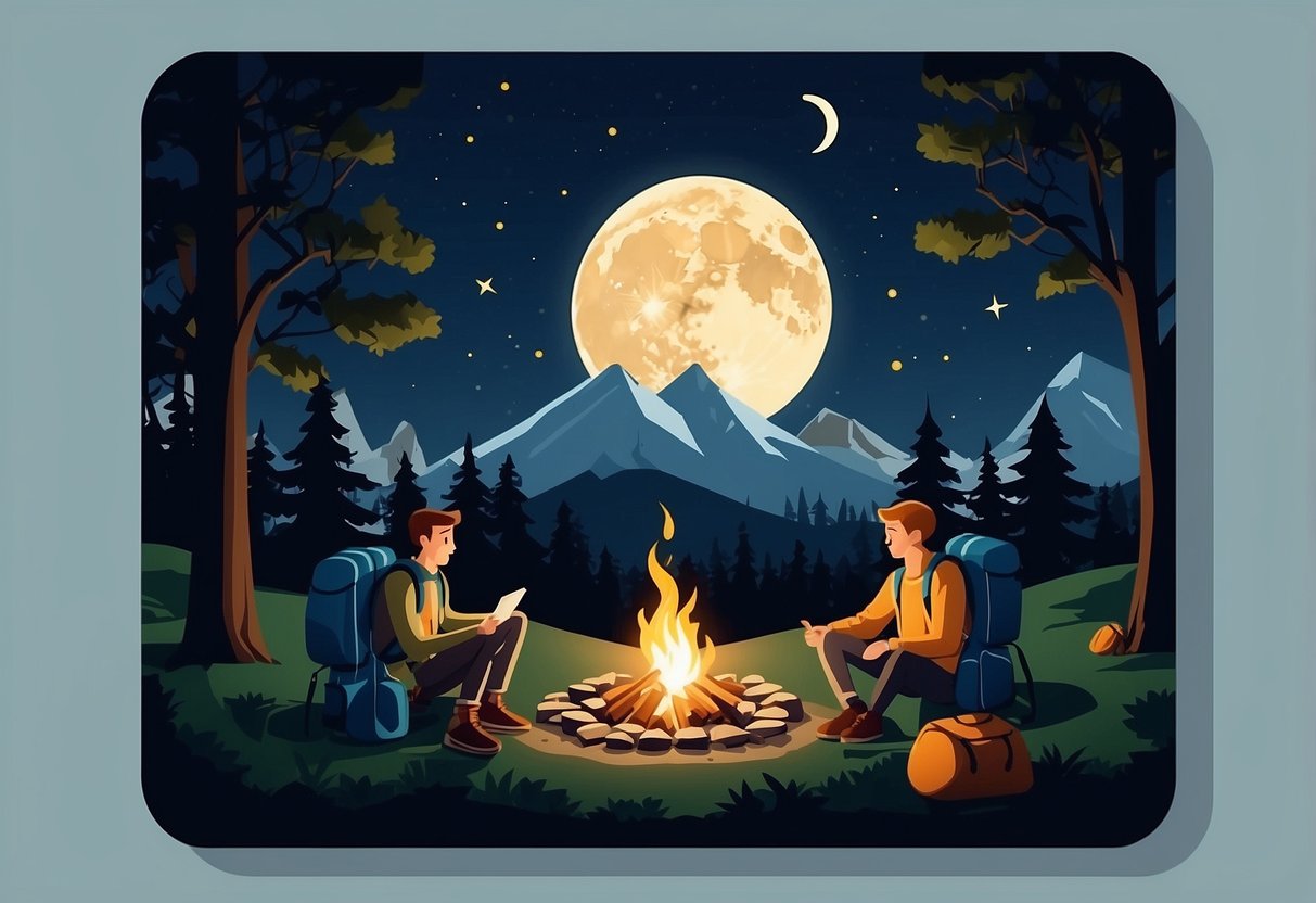 A campfire surrounded by tents, with a group of friends roasting marshmallows. A map and compass lay nearby, and a backpack is propped against a tree. The moon shines brightly in the night sky