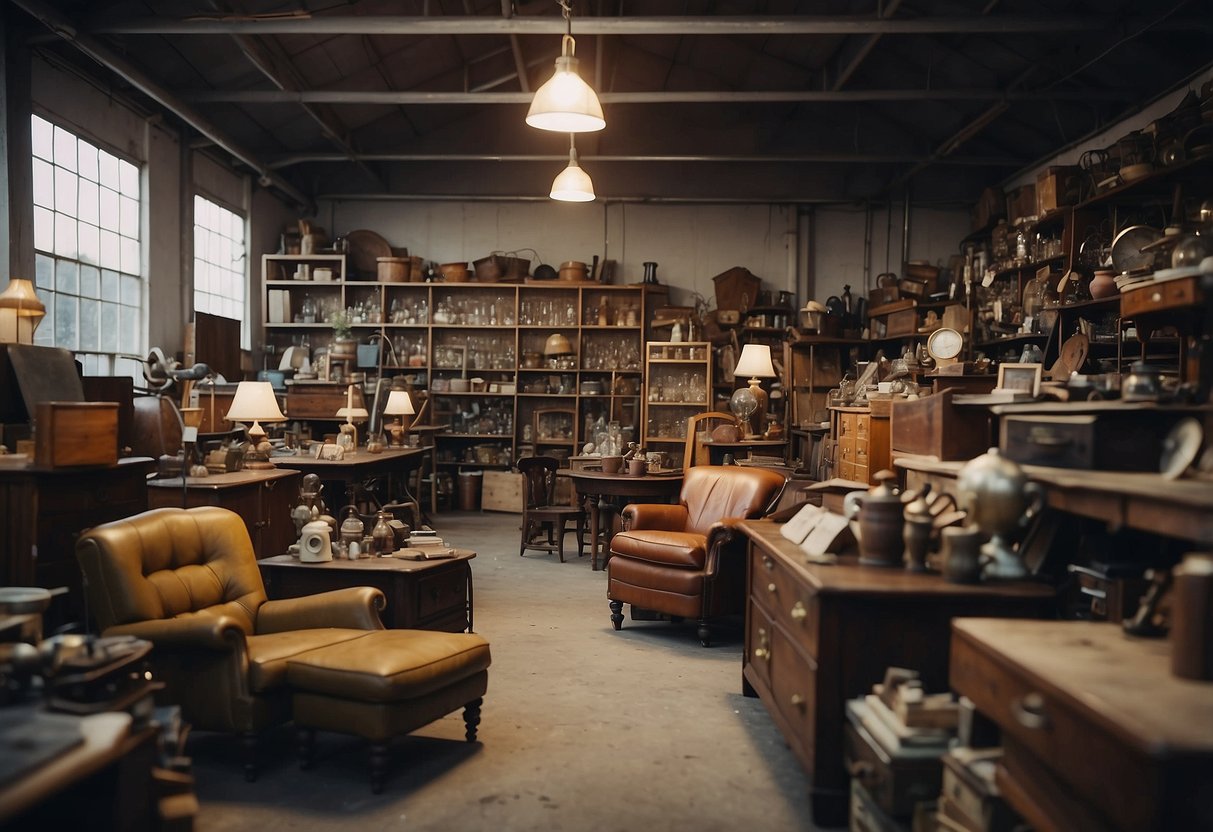 A cluttered warehouse filled with vintage furniture and eclectic items, shelves stacked with unique finds and old trinkets, creating a treasure trove for the curious explorer