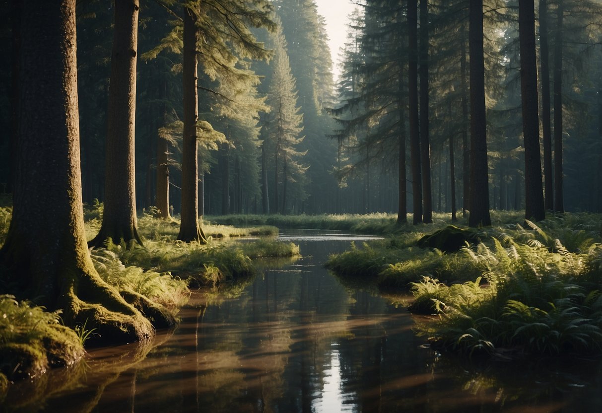 A serene forest clearing with a level ground, surrounded by tall trees, a nearby water source, and a safe distance from wildlife habitats