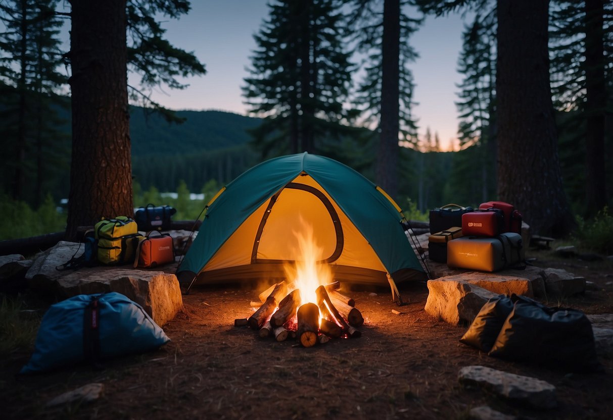 A campsite with a tent, sleeping bags, backpacks, and camping gear neatly organized around a crackling campfire under a starry night sky