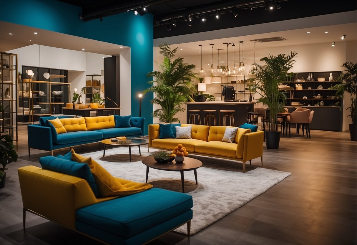 A modern furniture concept store with sleek designs and vibrant colors. Showcases various home collections and decor