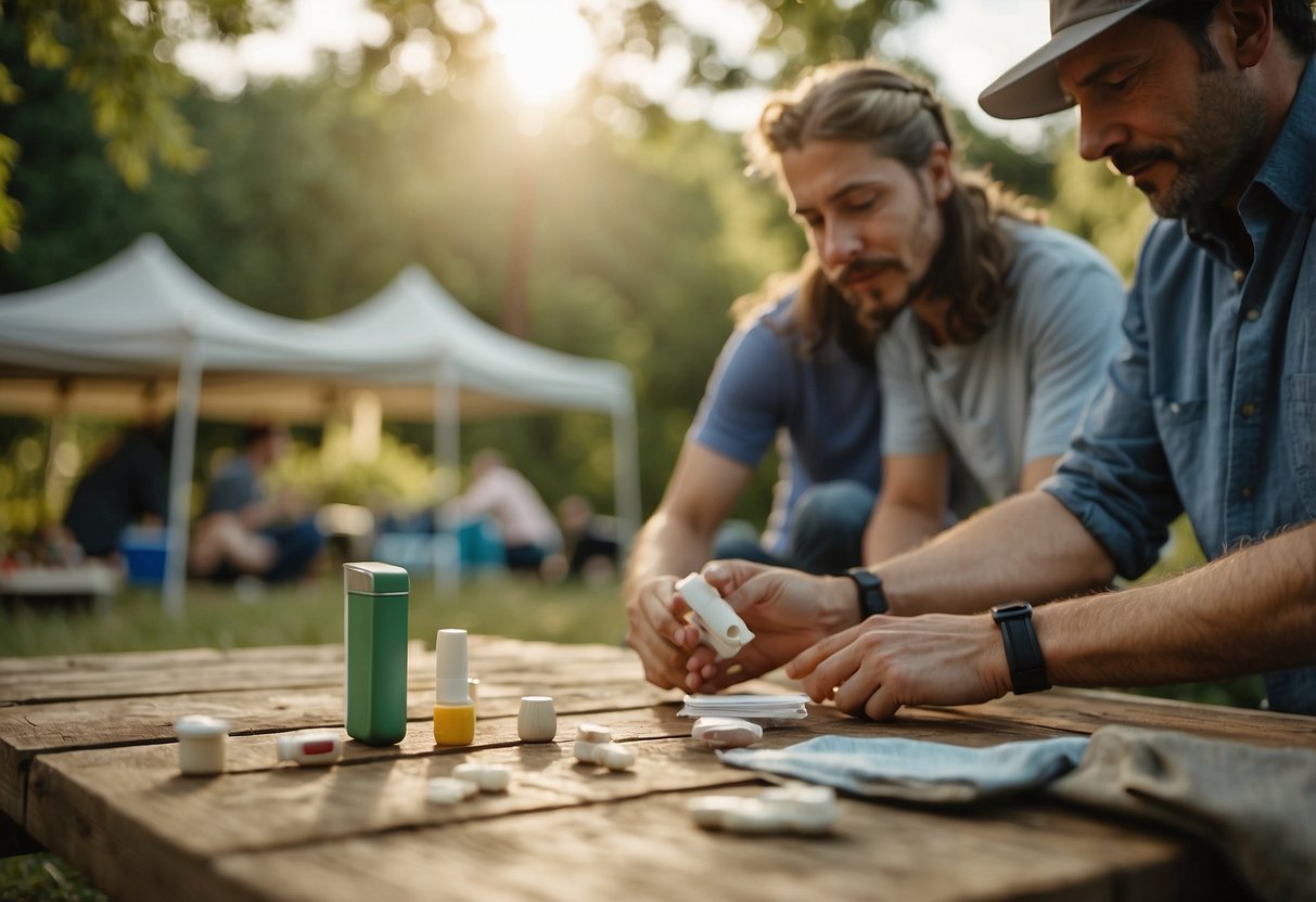 A campsite with a first-aid kit open on a picnic table. A person is bandaging a minor cut on their finger while another person looks on. Trees and tents in the background