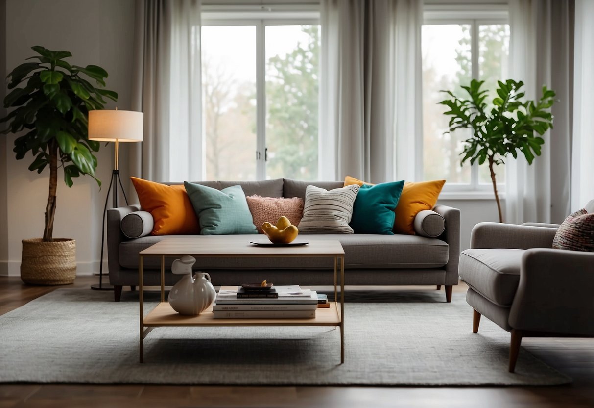 A cozy living room with a modern sofa, colorful throw pillows, and a sleek coffee table. A stylish floor lamp and decorative vases add a touch of elegance to the space