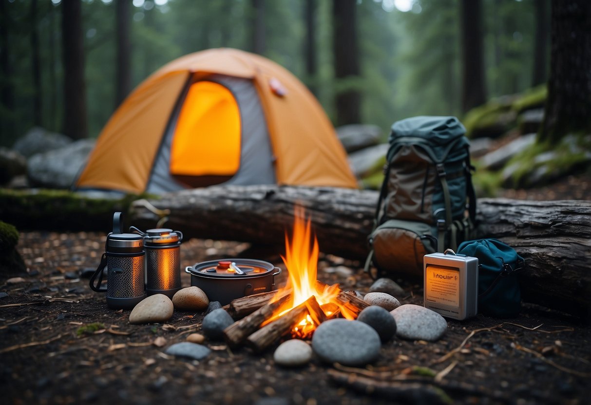 A campfire surrounded by a circle of rocks, a tent pitched nearby, a backpack and hiking boots resting against a tree, a map and compass laid out on a log, and a fishing rod leaning against a rock