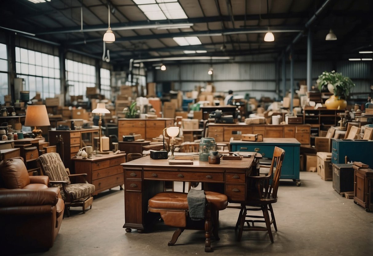 A cluttered warehouse filled with vintage furniture and eclectic decor items from Hock Siong Used Furniture
