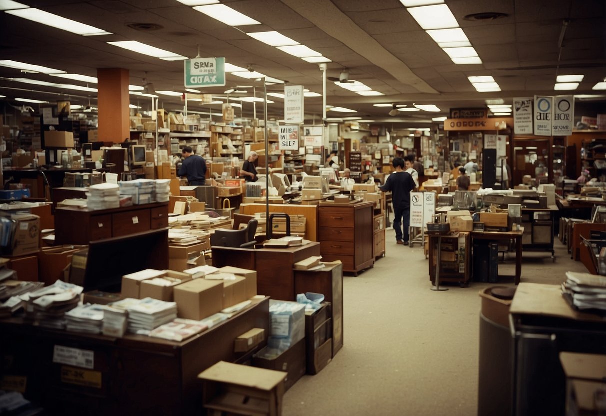 A cluttered furniture store with various items stacked haphazardly. Customers browsing through the aisles, while a sign reads "Frequently Asked Questions - Hock Siong Used Furniture."