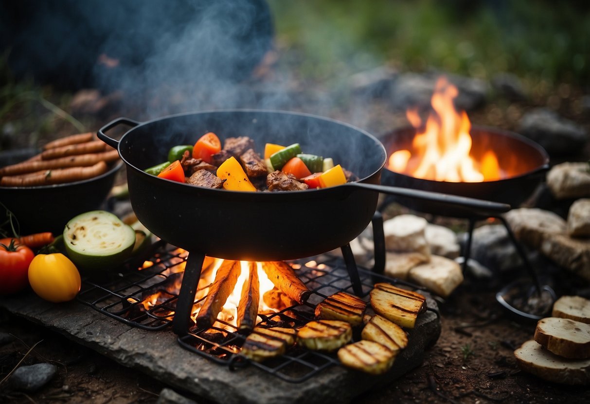 A crackling campfire surrounded by various ingredients and cooking utensils, with a pot of stew simmering, skewers of sizzling kabobs, and foil packets of roasted vegetables