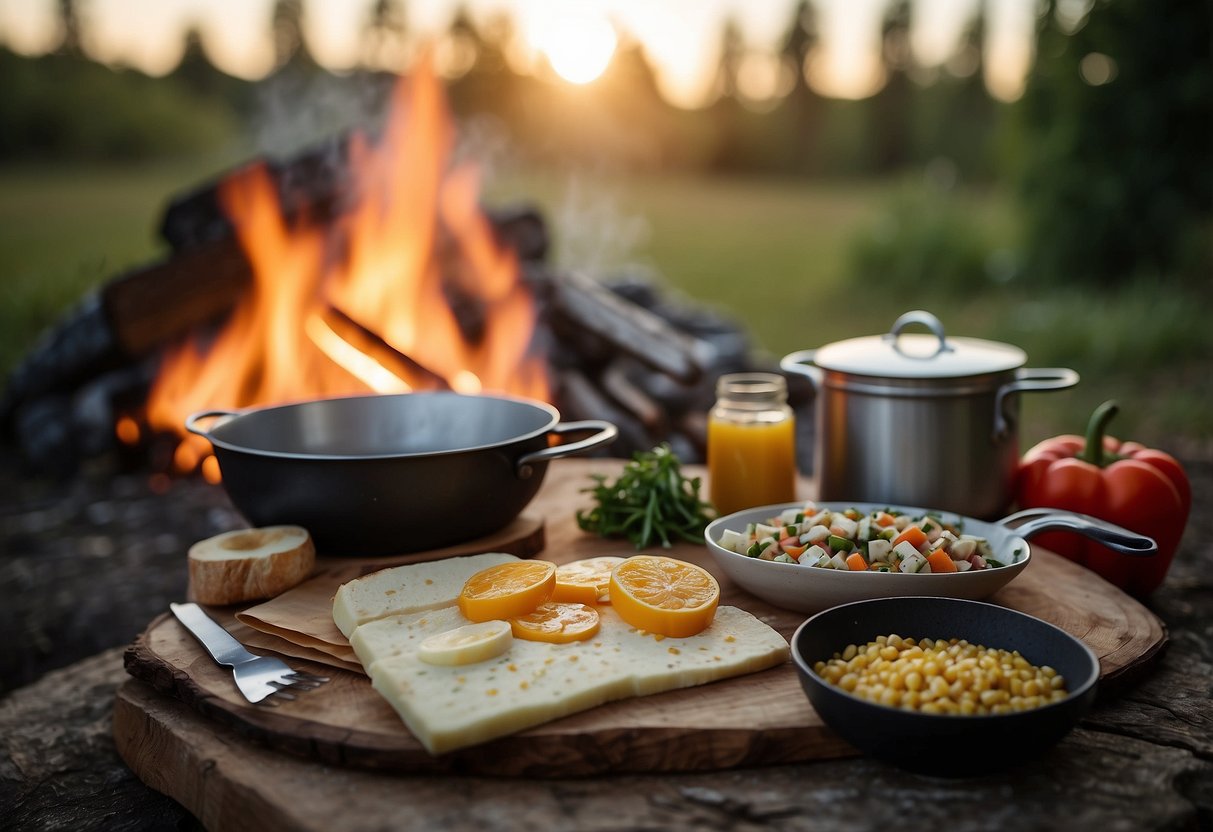 A campfire surrounded by various ingredients and cooking utensils, with a recipe book open to "10 Delicious Campfire Recipes" as the focal point