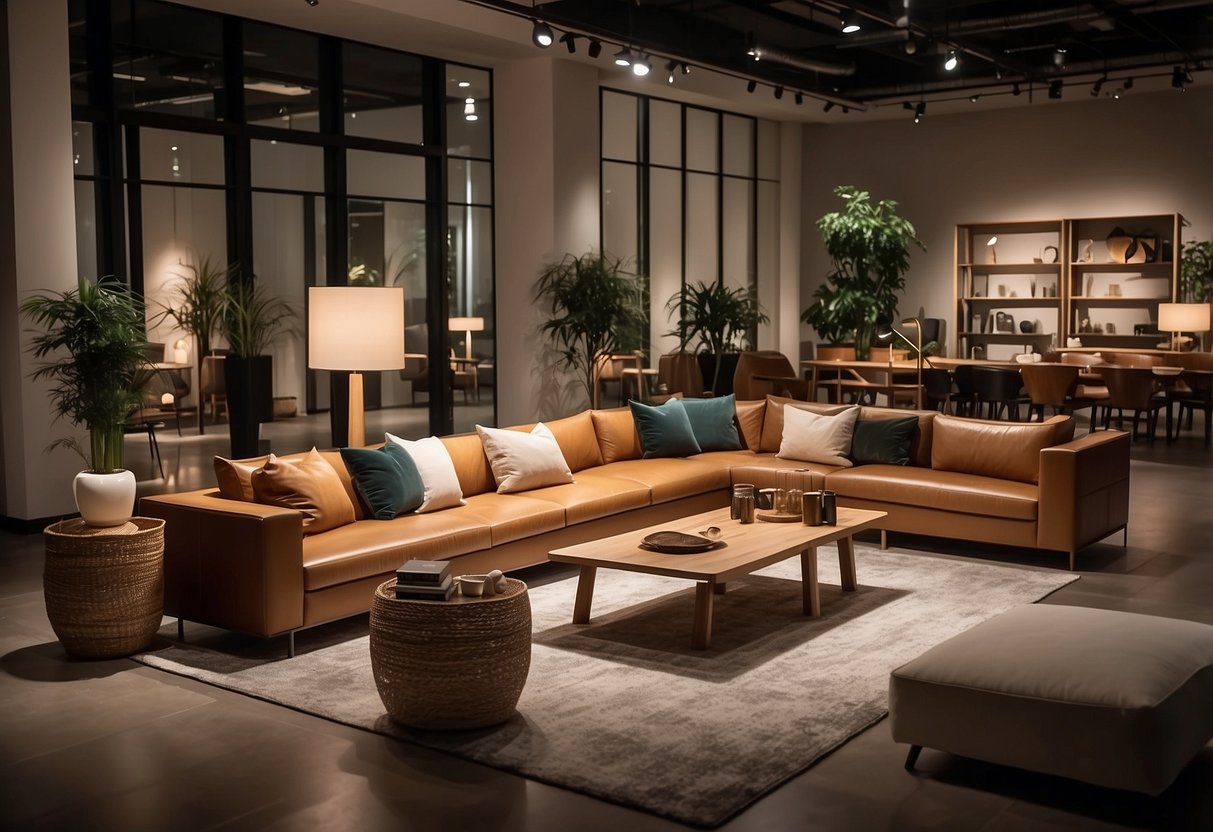 A modern furniture store with clean lines, warm lighting, and stylish displays. The space feels open and inviting, with a mix of contemporary and classic pieces