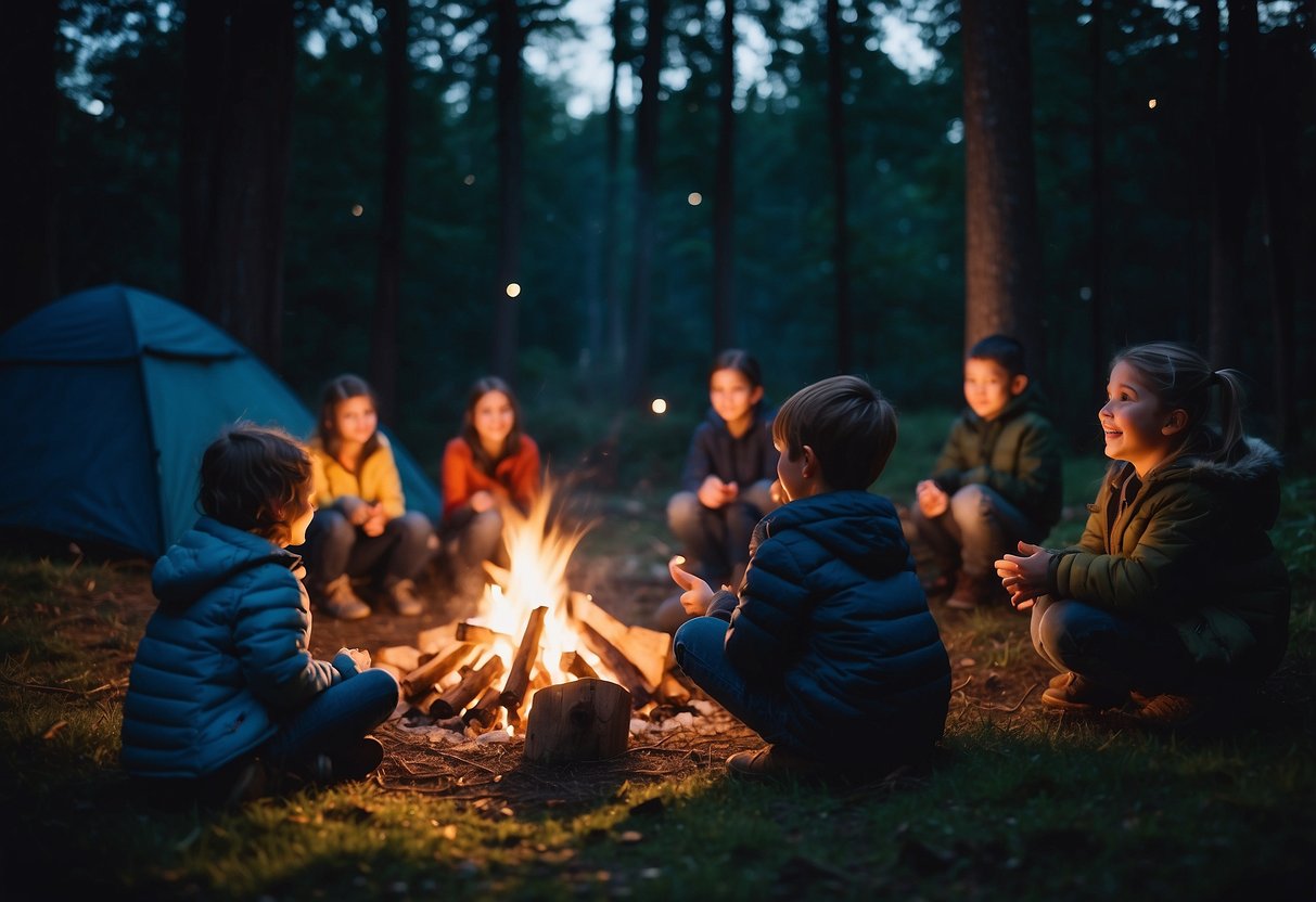 Children roast marshmallows over a crackling campfire while others play a game of flashlight tag in the dark woods. A group gathers around a tent, telling stories and laughing under the starry sky