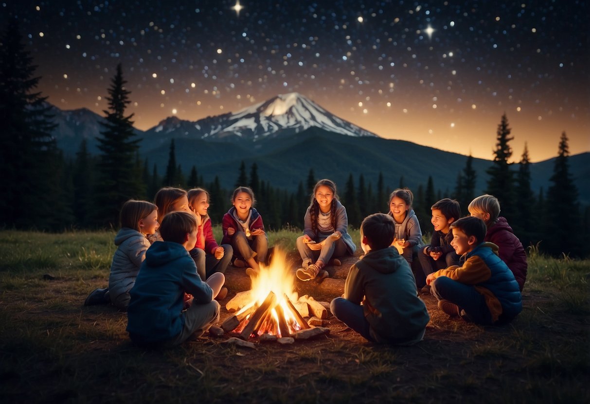 Kids sit around a crackling campfire, roasting marshmallows. Tents and trees surround them under a starry night sky. Laughter fills the air as they share stories and play games