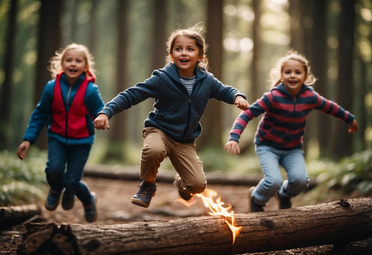 Children jumping over logs, crawling under ropes, and balancing on beams in a forest setting. A campfire and tents in the background