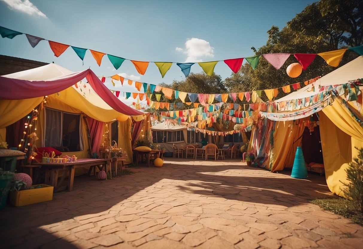 Colorful tents arranged in a circle, each adorned with creative decorations like streamers, lights, and hand-painted designs. Children laughing and playing nearby