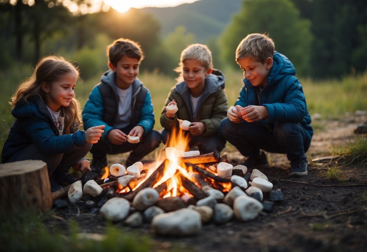 Children roasting marshmallows over a campfire. Others playing outdoor games, hiking, and fishing. Tents set up in a picturesque natural setting