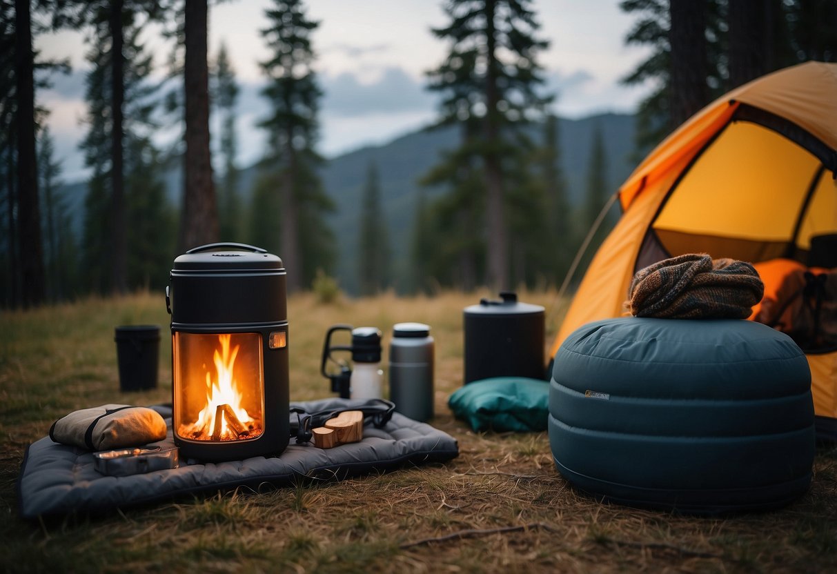 A cozy tent with a soft sleeping pad, a warm campfire, a portable camping chair, and a well-stocked cooler