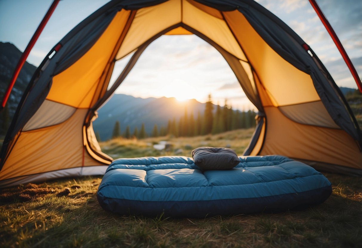 A cozy campsite with a memory foam sleeping pad laid out inside a spacious tent, surrounded by a warm sleeping bag, fluffy pillows, and a soft blanket