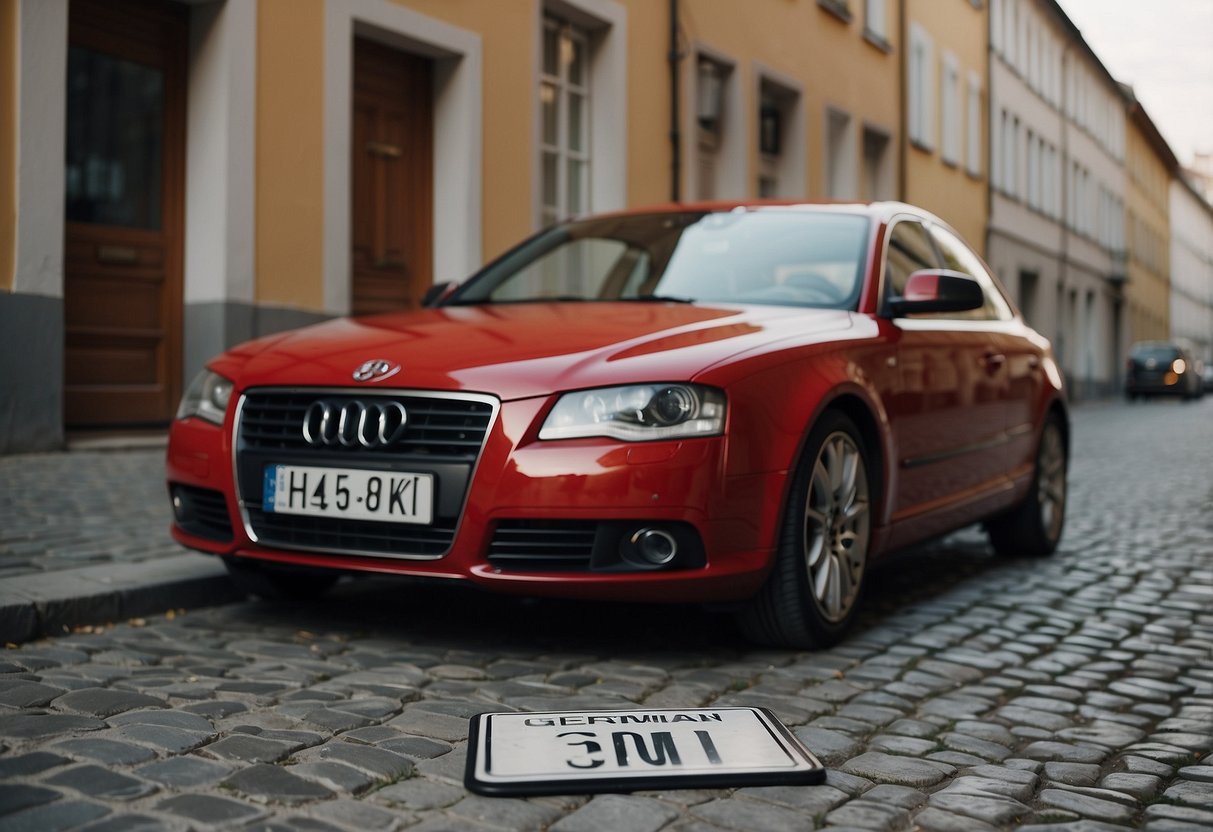 A red car with a German license plate parked on a cobblestone street