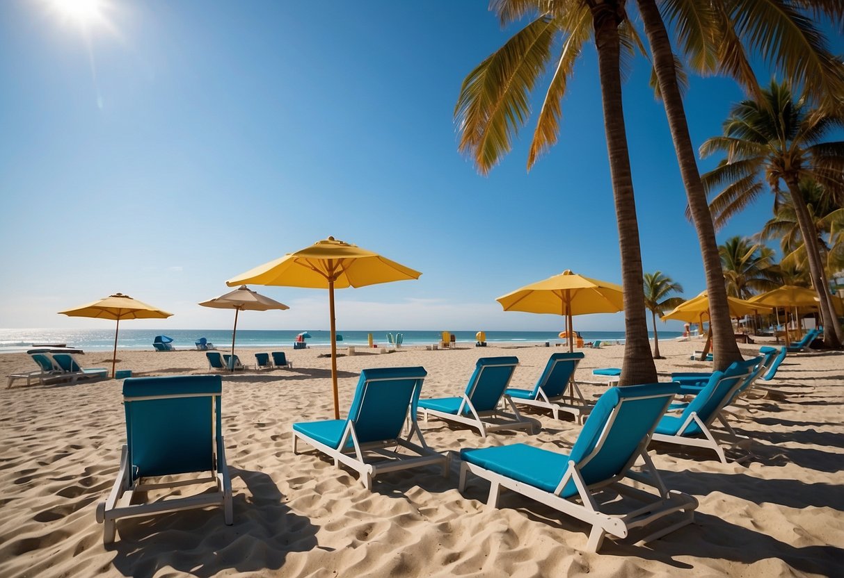 A beach scene with lounge chairs, umbrellas, and tables on the sand. Waves in the background, blue skies and palm trees