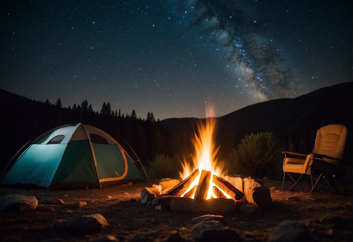 A campfire surrounded by various camping gear and supplies, with a tent set up in the background and a starry night sky overhead