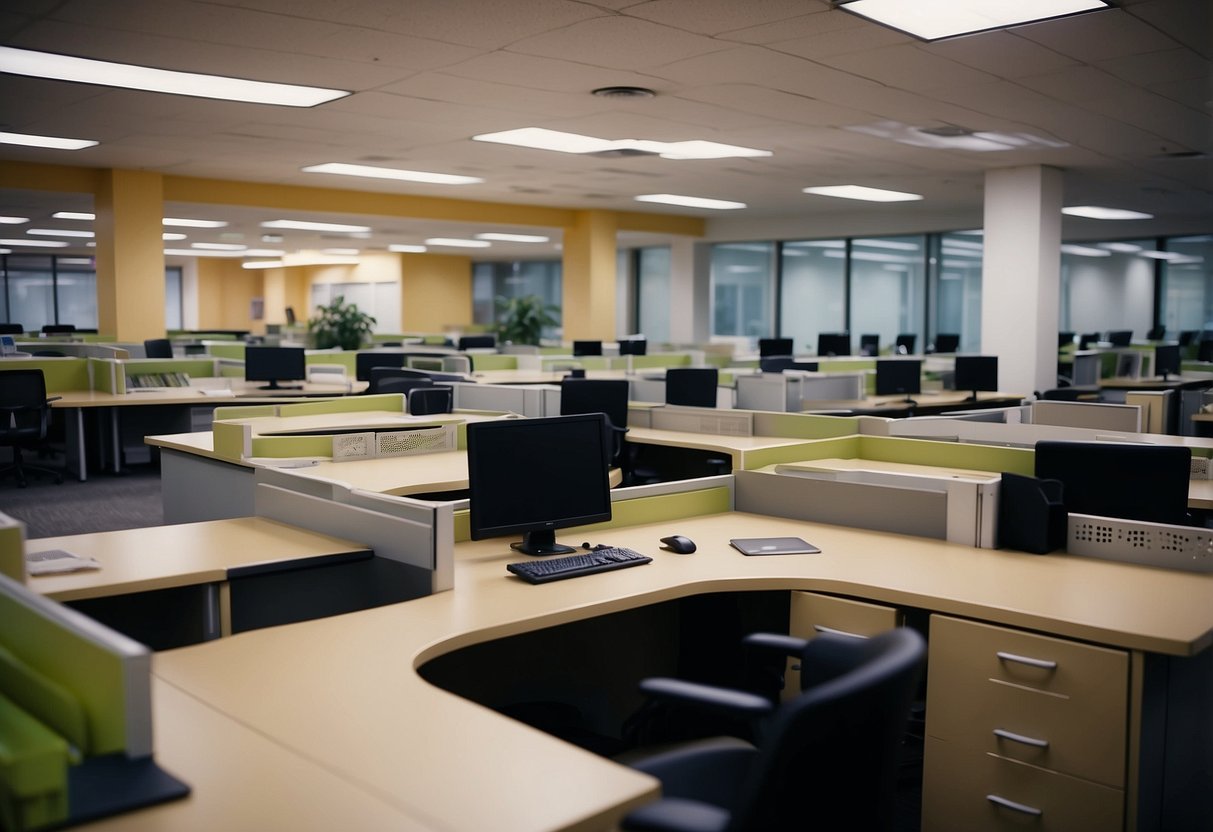 Office furniture being arranged in a neat and orderly fashion. Desks, chairs, and filing cabinets placed strategically around the room