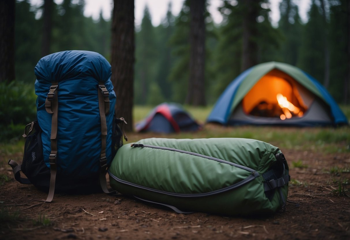 A compact sleeping bag is rolled up next to a backpack and camping gear. A campfire burns in the background as stars twinkle in the night sky