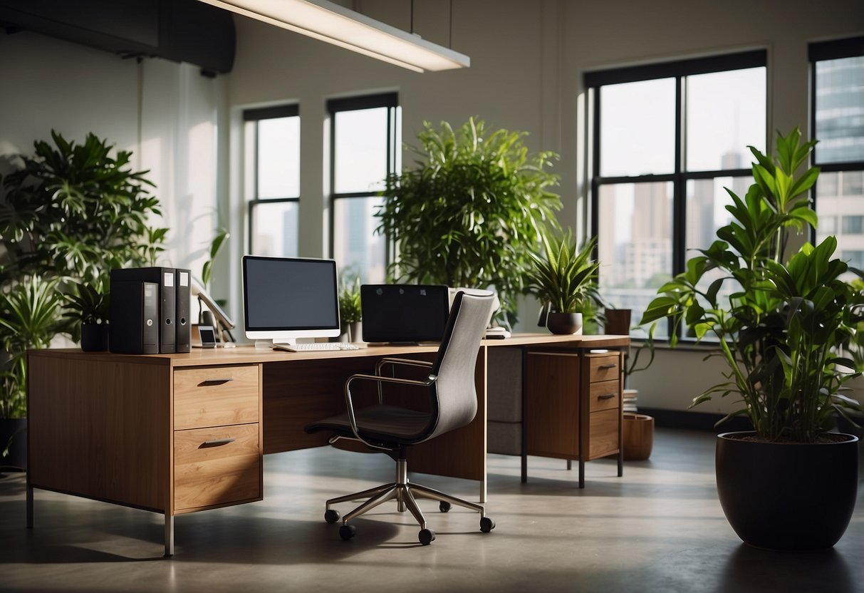 A spacious office with a desk, chair, and filing cabinet. A computer and phone sit on the desk. A plant adds a touch of greenery