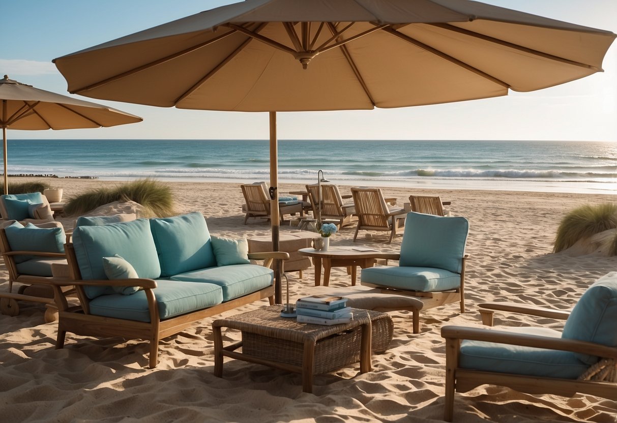 A beach scene with a variety of outdoor furniture options, including lounge chairs, umbrellas, and tables, set against a backdrop of sand and ocean waves
