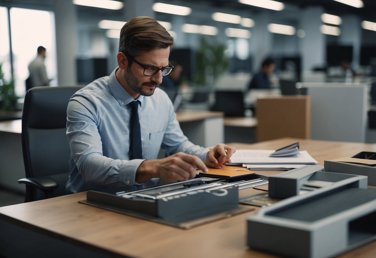 A person selects office furniture from a catalog to place an order