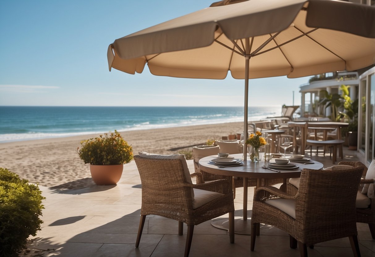 A beachfront patio with modern outdoor furniture, overlooking the ocean. Sun umbrellas, lounge chairs, and a cozy dining area create a relaxing atmosphere