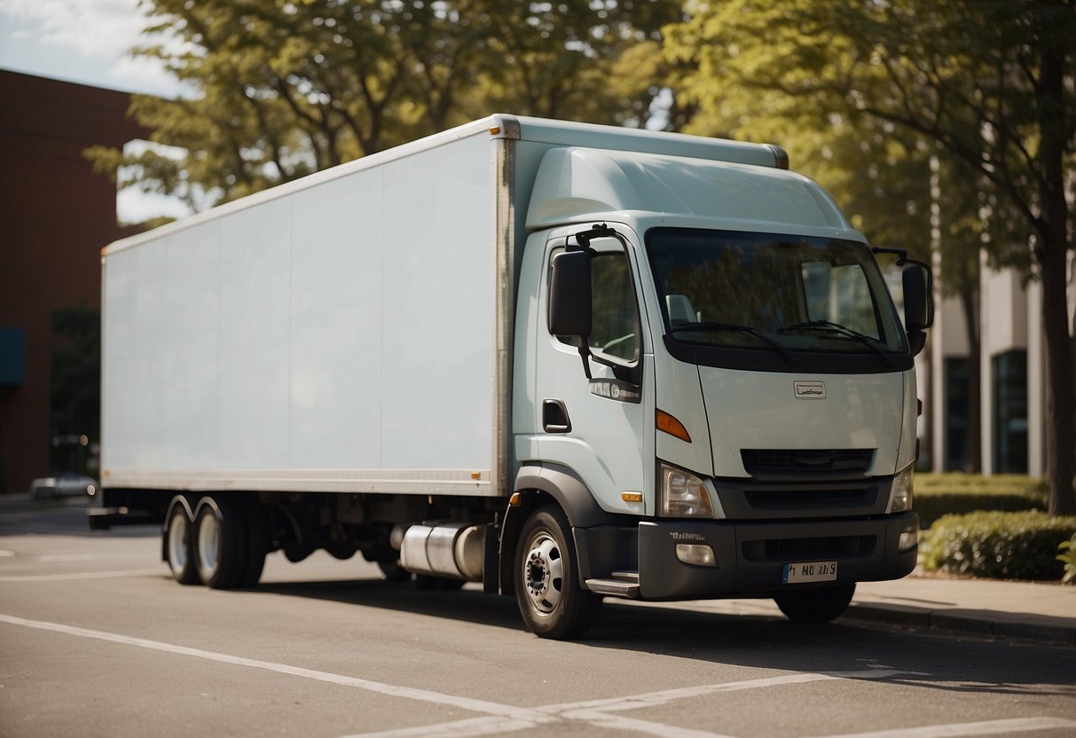 Office furniture being ordered online, with a computer screen showing a list of frequently asked questions. A delivery truck is parked outside the office building