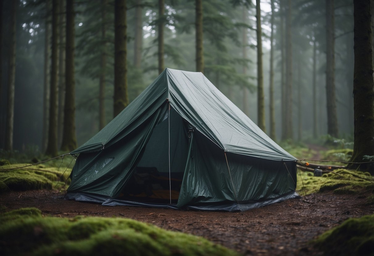 A tent pitched in a forest clearing, rain falling steadily. A tarp draped over a makeshift kitchen area. Wet gear hanging from a clothesline