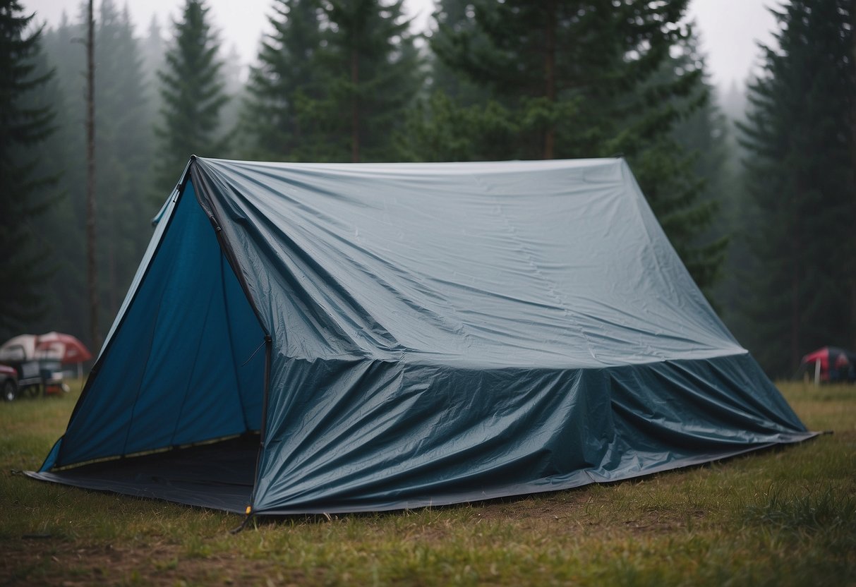 A tarp is spread over a tent, providing extra protection from the rain. The campsite is surrounded by trees and the sky is overcast