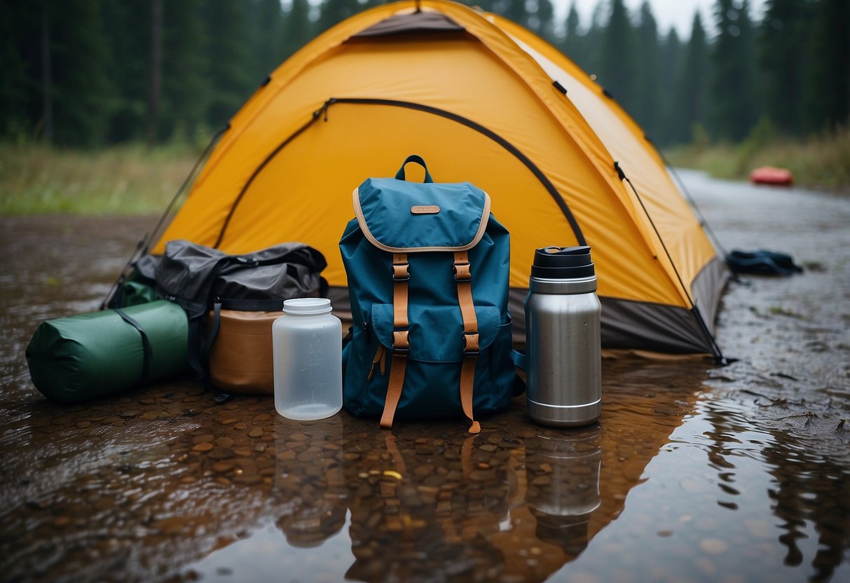 A backpack with waterproof containers, tent, and gear laid out on the ground. Raindrops fall from the sky, creating puddles around the campsite