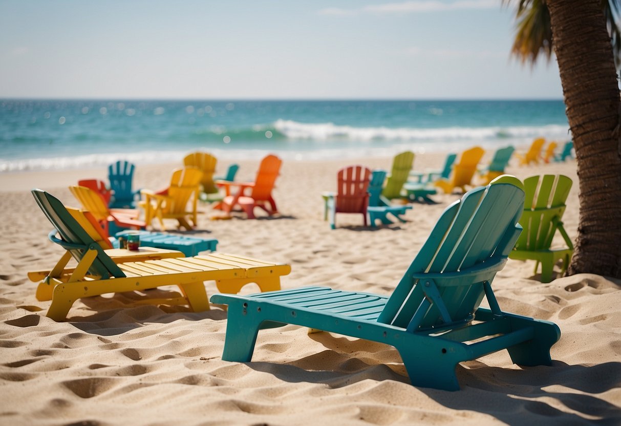 A beach scene with colorful outdoor furniture, surrounded by sand and ocean waves
