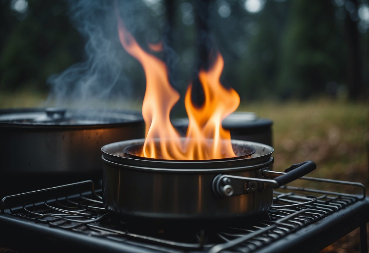 A camping stove sits on a flat surface, flames flickering beneath a pot of steaming food. Rain falls outside, but the camper is warm and dry, enjoying a hot meal in the cozy shelter