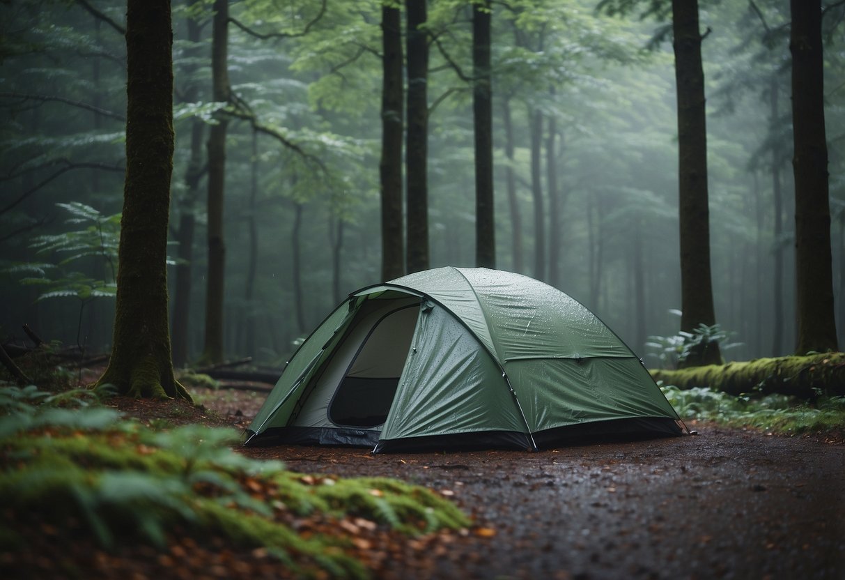 A tent pitched in a forest clearing, rain pouring down, gear neatly organized inside. Wet trees and foliage surround the campsite