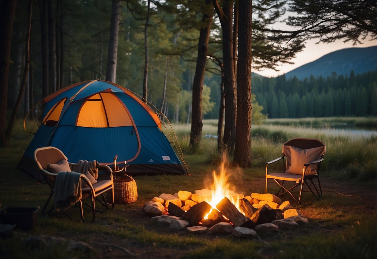 A family camping scene with 5 tents set up in a picturesque outdoor location, surrounded by trees and a glowing campfire