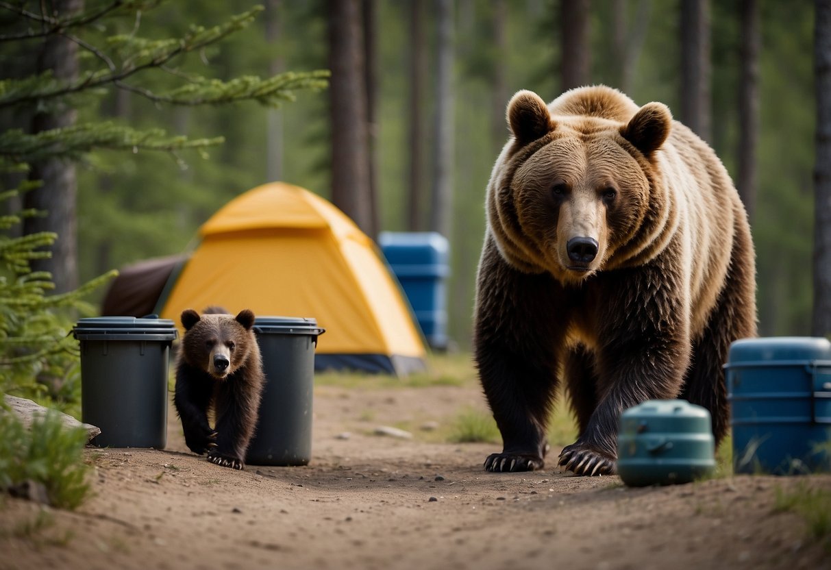 A bear family roams near a campsite. Food is stored in bear-proof containers. Tents are set up at a safe distance from cooking and eating areas. All garbage is properly disposed of