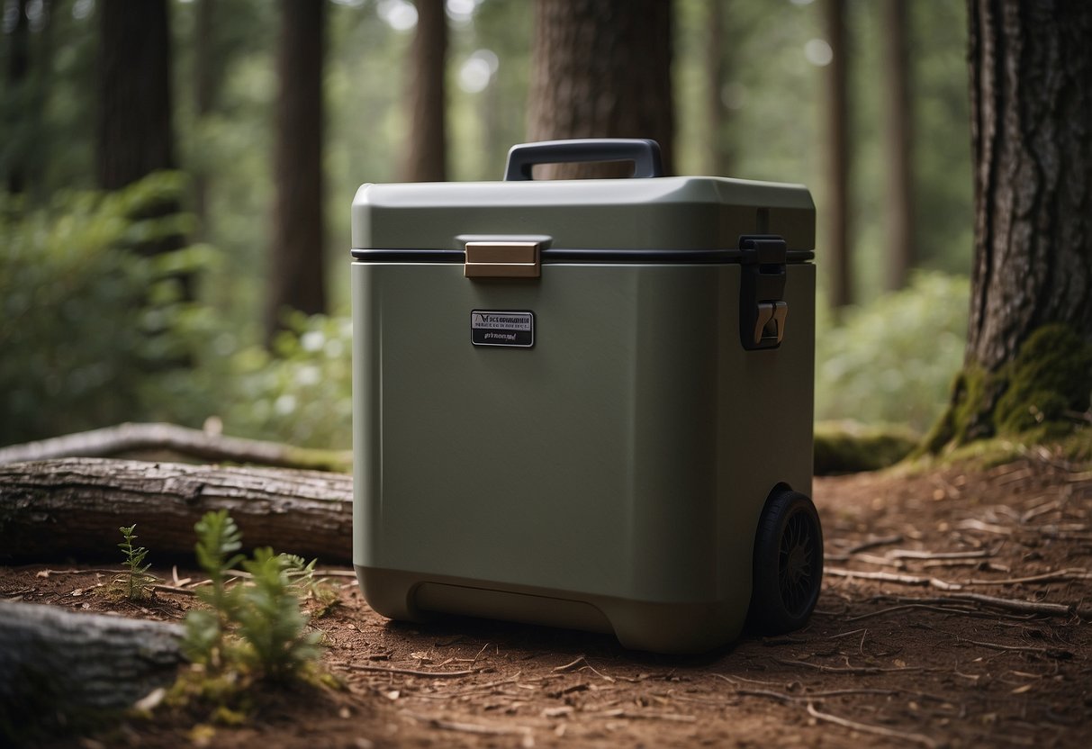 A bear-resistant cooler sits in a campsite surrounded by trees. A bear approaches, but is unable to open the cooler due to its secure locking mechanism