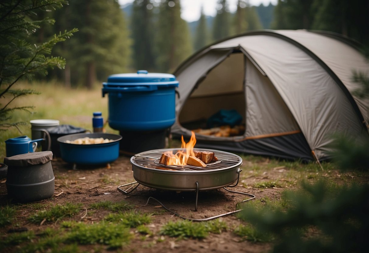 A campsite with a designated cooking area separate from sleeping zones. Bear-proof food storage and proper waste disposal are evident