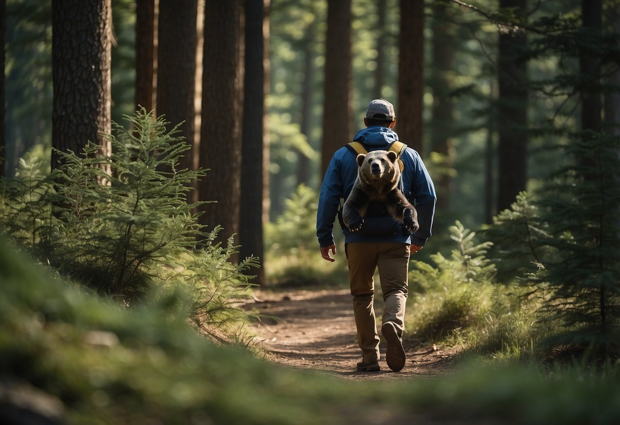 A hiker walks cautiously around a clearing, avoiding dense brush. A bear lurks in the background, reminding campers to stay vigilant